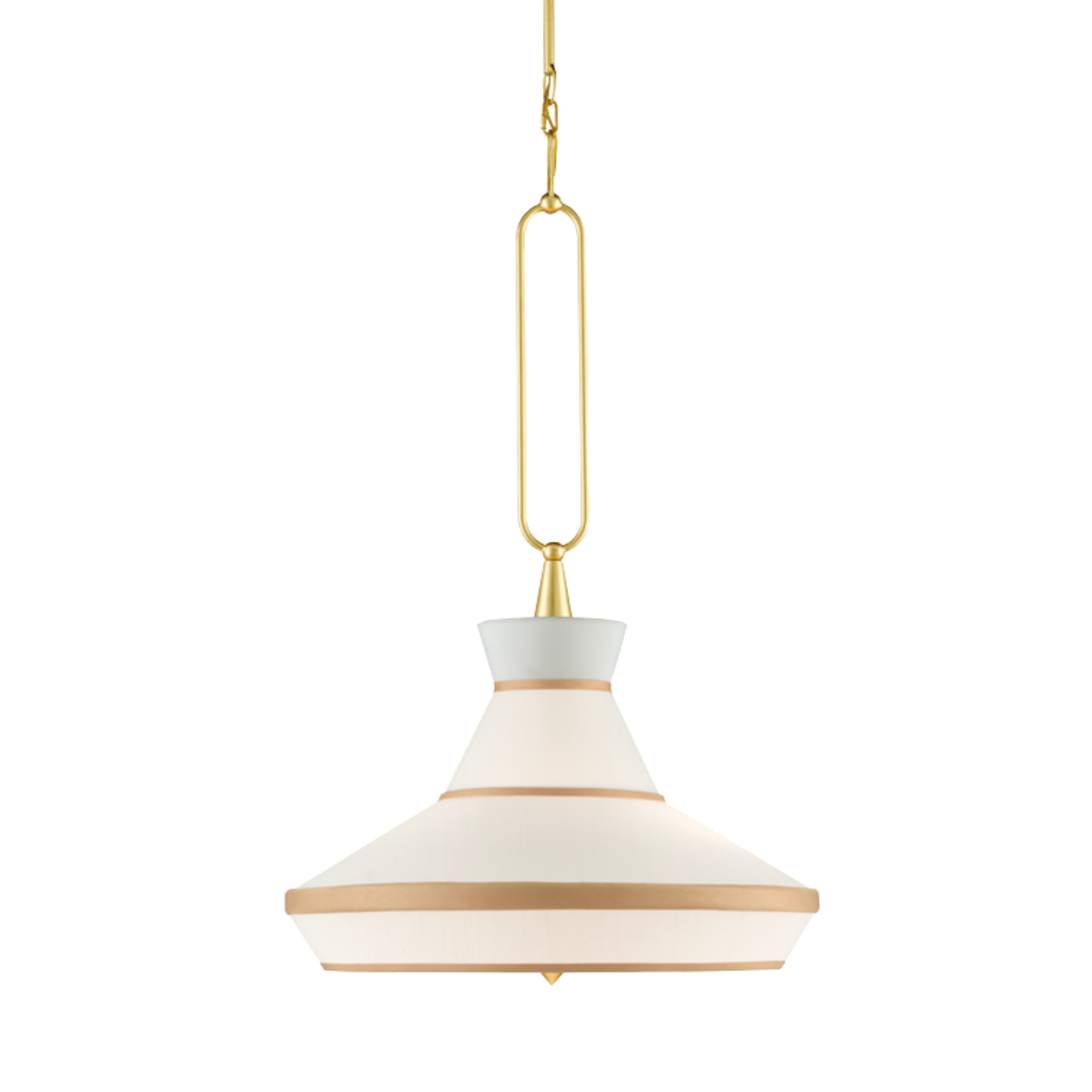 A gold leaf pendant light with an off-white shantung shade and gold trim, featuring a chain of lights and adjustable gold lead rods.